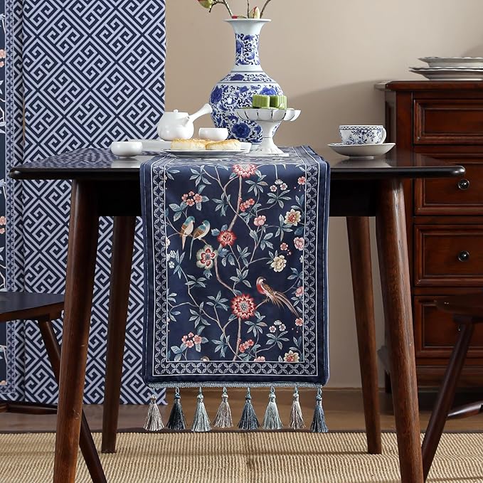 patdrea Vintage Chinoiserie Floral Table Runner Farmhouse - Image 2