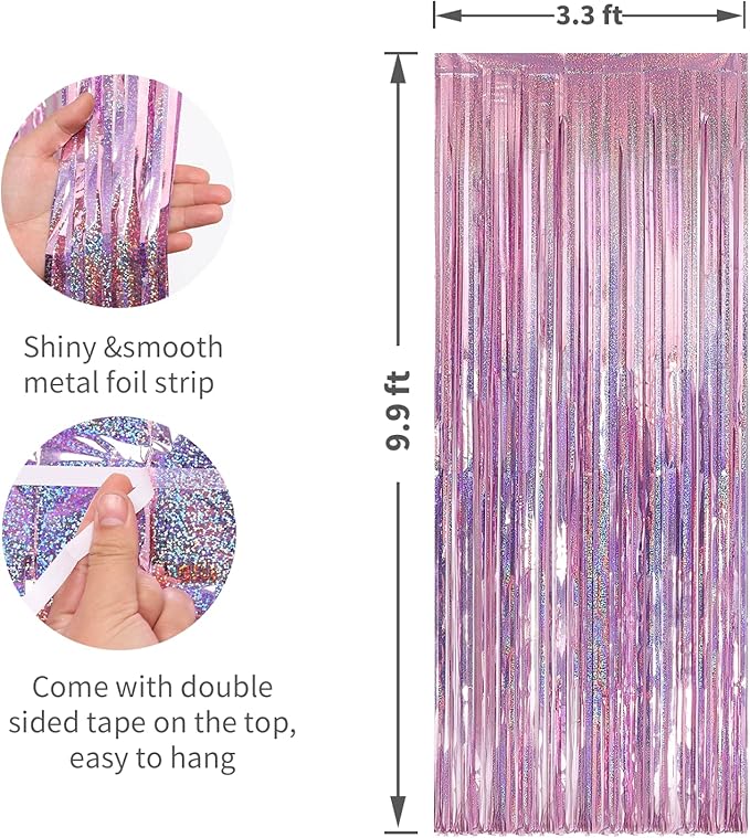Crosize 2 Pack 3.3 x 9.9 ft Laser Pink Foil Fringe Backdrop Curtain, Streamer - Image 2