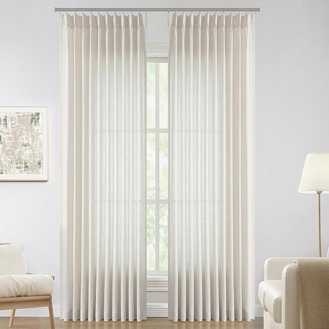 Vision Home Natural Pinch Pleated Semi Sheer Curtains Textured Linen Blended - Image 2