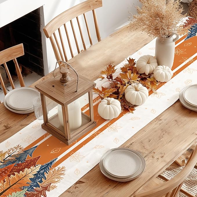 GEEORY Fall Watercolor Trees & Maple Leaves Striped Table Runner 13x120 Inch - Image 8