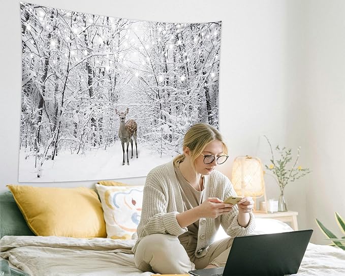 QGHOT Winter Tapestry Wall Hanging Snow Scene Backdrop Winter Wonderland Wall - Image 3