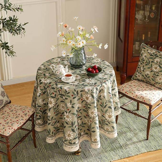 ISAENNE Designer Green Linen Small Round Tablecloth, Floral French Country - Image 8