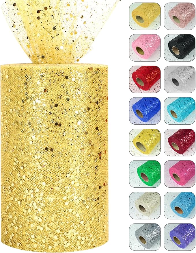 Glitter Tulle Rolls, 6” by 50 Yards Sparkling Tulle Spool Ribbon Sequin Tulle by Miegecha
