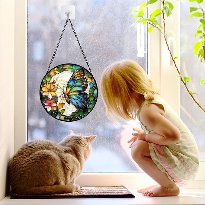 Stained Glass Window Hanging, Butterfly Flower Sun Catchers Diamond Glass Panel - Image 4