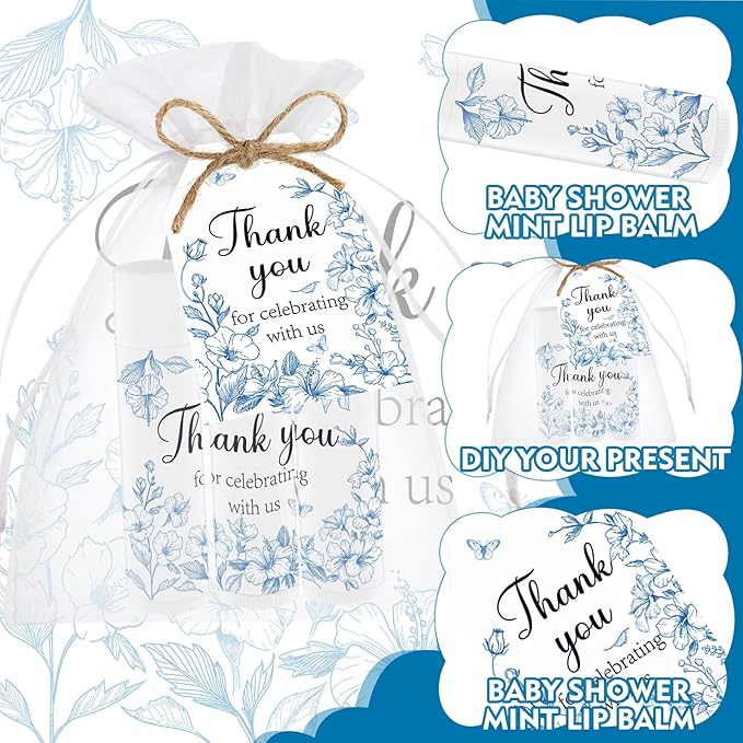 50 PCS Blue Flower Bridal Baby Shower Lip Balm Gift Baby Shower Favor Party - Image 3