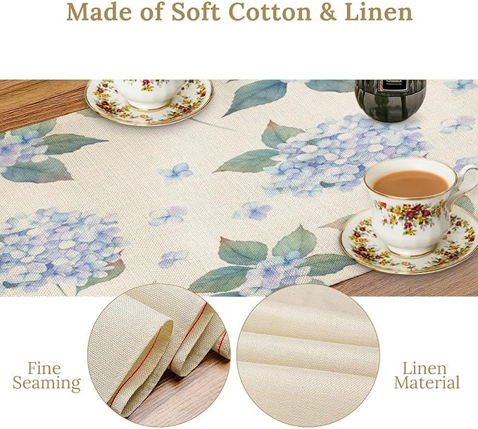 Spring Hydrangea Flower Table Runner, Seasonal Summer Plants Watercolor Blue - Image 5