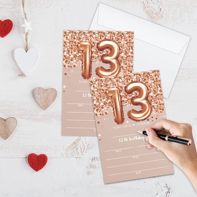 13th Birthday Invitation Cards, Rose Gold Glitter 13th Birthday Party Invites - Image 3