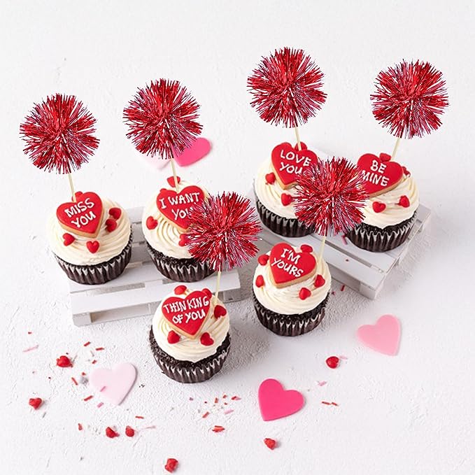 Ephlyn 30Pcs Foil Firework Cupcake Toppers Sparkle Tinsel Cupcake Picks Happy - Image 4