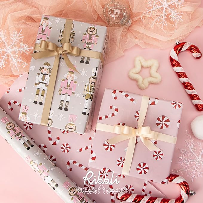 Ribbli Reversible Christmas Wrapping Paper Rolls, Nutcracker and Candy Cane - Image 4