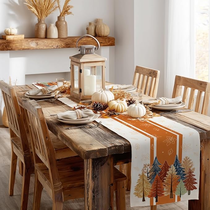GEEORY Fall Watercolor Trees & Maple Leaves Striped Table Runner 13x108 Inch - Image 7
