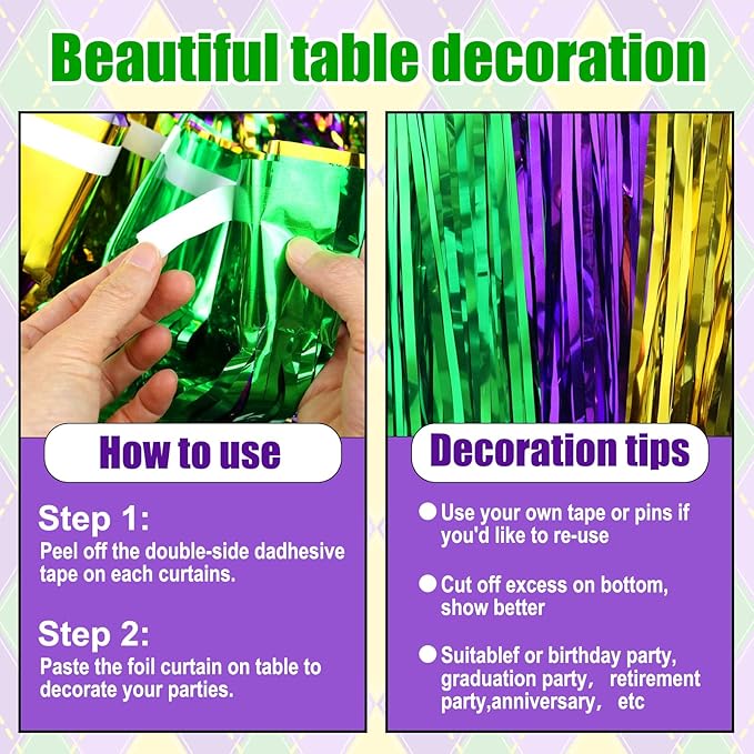 3 Pack 29 x108 Inch Gold Green Purple Foil Fringe Table Skirts Metallic Banner - Image 3