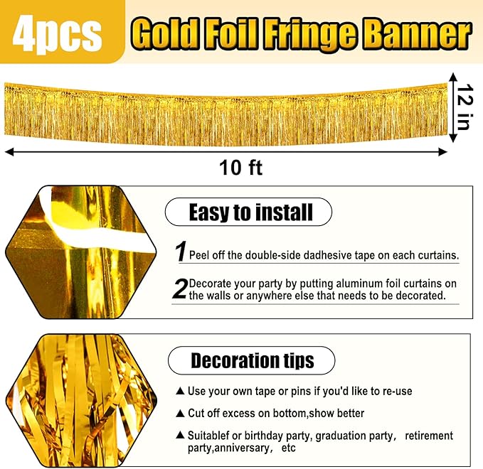4 Pack 10 Feet Gold Foil Fringe Garland Metallic Tinsel Streamers Banner Wall - Image 2