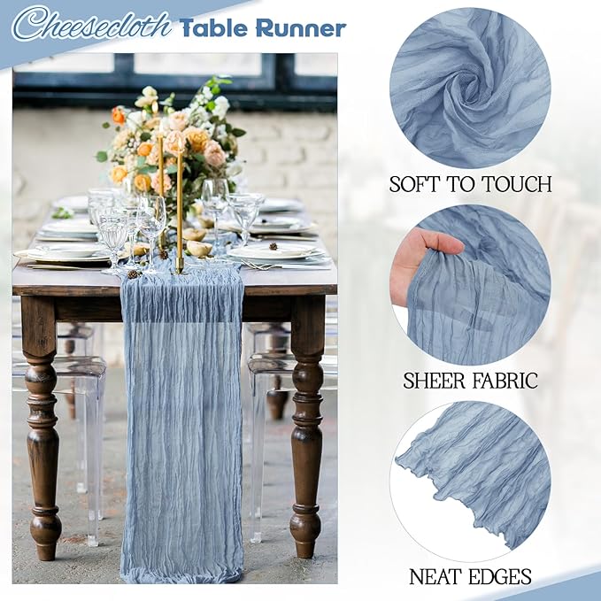 Aktor 4 Pack Dusty Blue Table Runner Boho Cheesecloth Table Runner Semi Sheer - Image 3