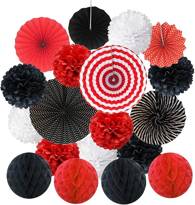Hanging Paper Fan Set, Tissue Paper Pom Poms Flower Fan and Honeycomb Balls by Recosis