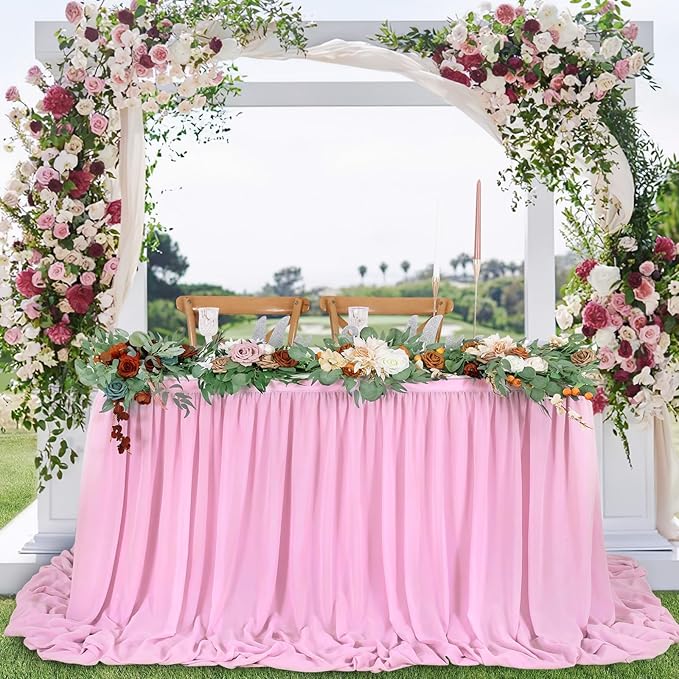 QueenDream Pink Chiffon Table Skirt 6ft Pink Table Cloth - Image 7