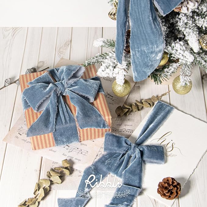 Ribbli Dusty Blue Velvet Ribbon 1.5 Inch Handmade Frayed Vintage Christmas - Image 4