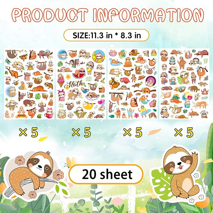 Cute Sloth Stickers Wild Jungle Forest Animal Decal Sticker 770 Counts Party - Image 4