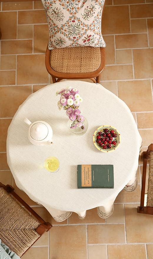 ISAENNE Designer Off White Linen Round Tablecloth, Floral Elegant Table Cloth - Image 7