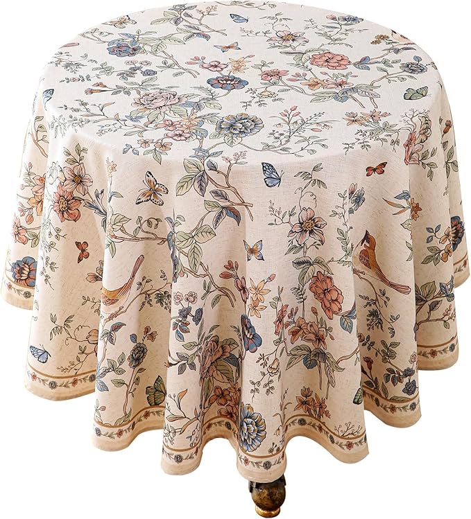 ISAENNE Designer French Light Beige Round Tablecloth, Linen Florals and Birds by Isaennehomedecoration