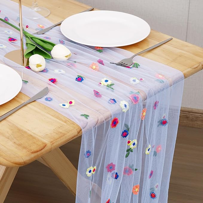 Blue Floral Table Runner 10 FT, Embroidery Daisy Table Runners Seasonal Sheer by Hugestar