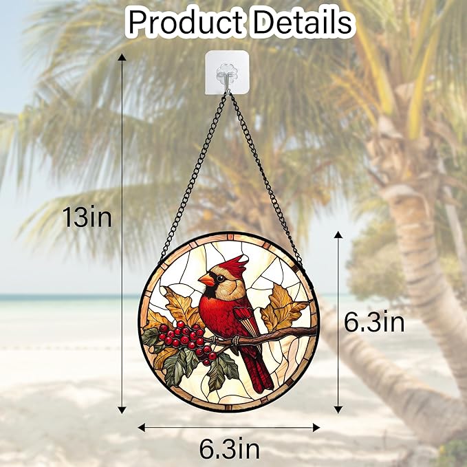 Stained Glass Window Hanging, Birds on a Branch Cardinal Sun Catchers Diamond - Image 5