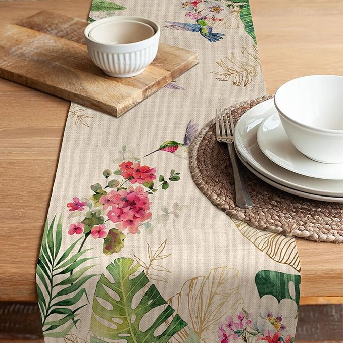 Seliem Summer Tropical Hummingbird Palm Leaf Greenery Table Runner, Spring - Image 5