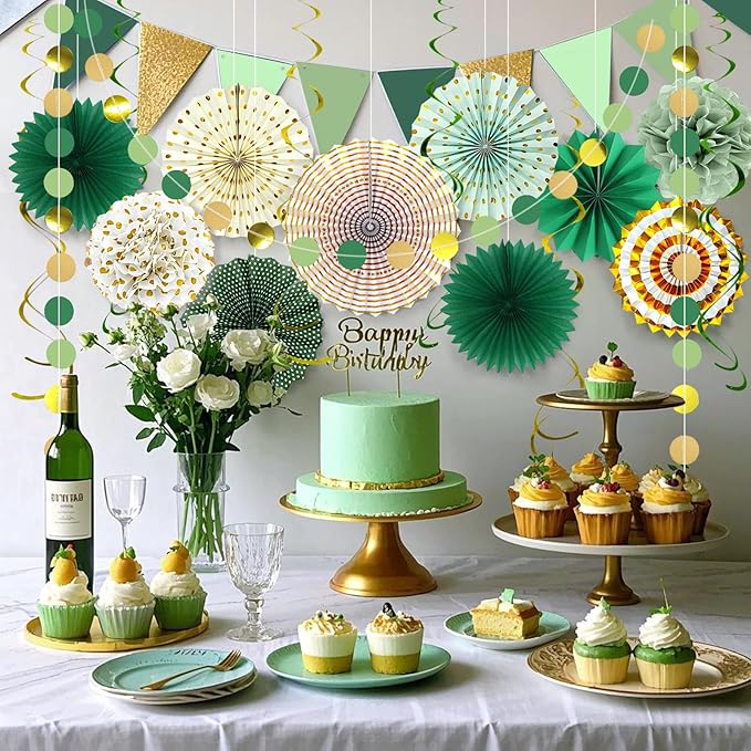Paper Fans Party Decorations Glitter Green Gold Paper Triangle Flag Banner - Image 2