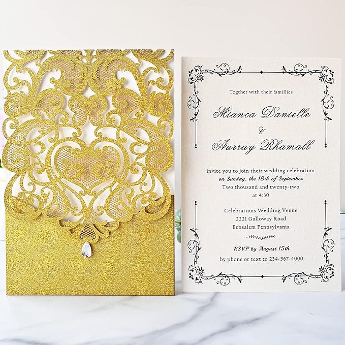 Hosmsua 50PCS Blank Wedding Invitation Cards 5 x 7.3 Inch Gold Laser Cut Hollow - Image 3