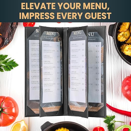 12 Pack 6 View Menu Holder Menu Covers 4.25" x 11" | Black Leather Menu Sleeves - Image 5