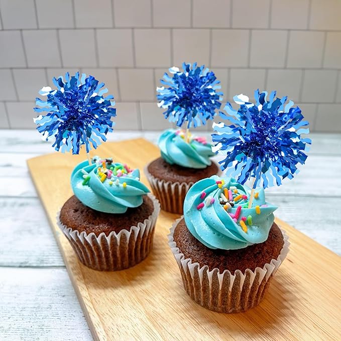 Ephlyn 30Pcs Foil Firework Cupcake Toppers Blue Tinsel Flower Drink Stirrers - Image 6