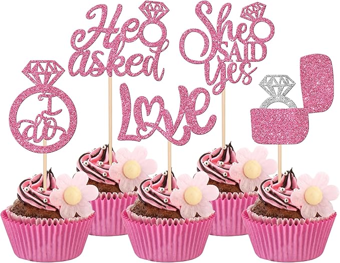 30 PCS He Asked She Said Yes Cupcake Toppers Diamond Ring Cupcake Picks Love I - Image 8