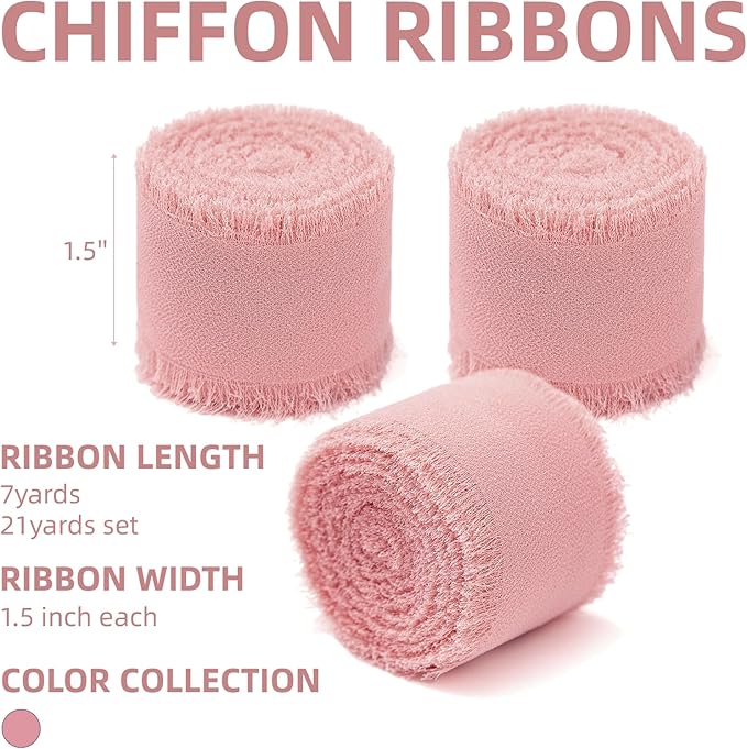 3 Rolls Blush Pink Handmade Chiffon Ribbon, 1.5" x 21Yd Frayed Fringe Silk - Image 2