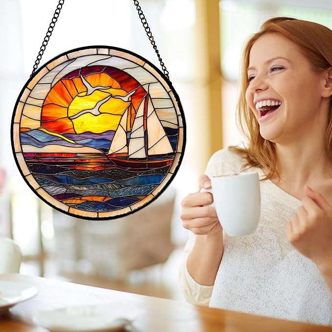 Stained Glass Window Hanging, Sun Ocean Sailboat Seagull Abstract Suncatcher - Image 4