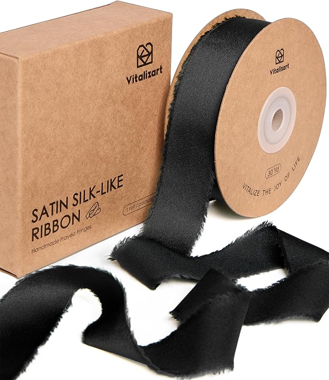 Vitalizart Silk Like Satin Ribbon 1 inch x 30 Yard Black Handmade Frayed Ribbons by Vitalizart