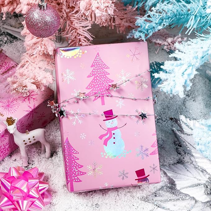 LeZakaa Christmas Pink Wrapping Paper Mini Roll, Snowman Christmas Tree & - Image 3