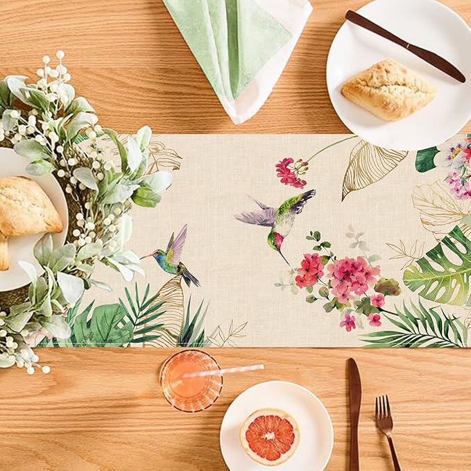 Seliem Summer Tropical Hummingbird Palm Leaf Greenery Table Runner, Spring - Image 3