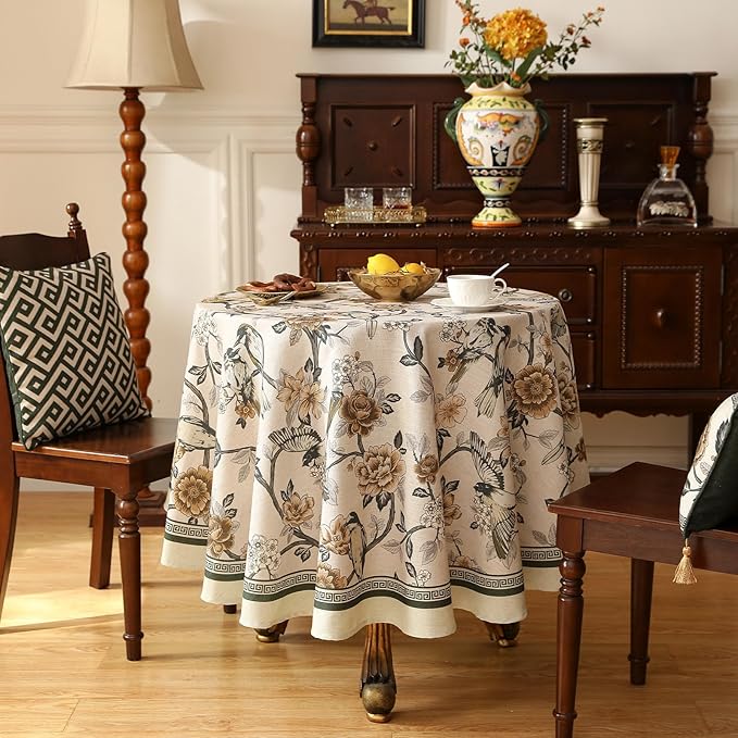 ISAENNE Designer Vintage Linen Round Table Cloth, Floral and Bird Pattern - Image 2
