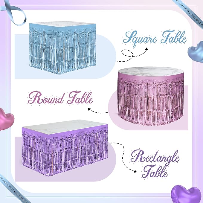 3 Pack Light Pink & Blue & Purple Table Skirts, 29x108" Metallic Foil Tinsel - Image 4