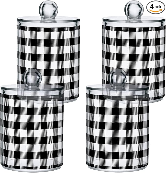 Gredecor Qtip Holder Dispenser 4 Pack Black White Classic Buffalo Plaid by Gredecor