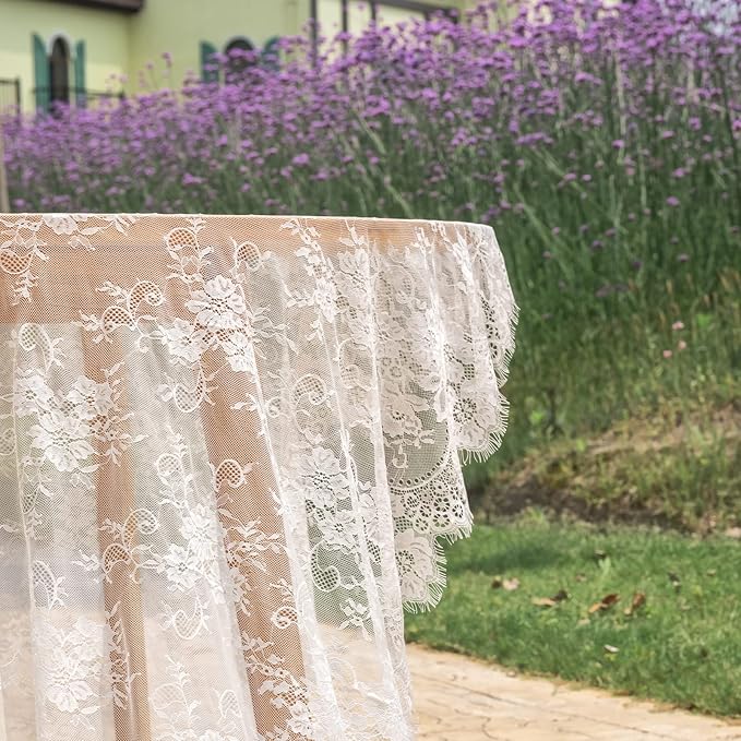 TINWIN Rectangle Lace Tablecloth 60x120 Inch White Vintage Runner Eyelash Fabric - Image 7