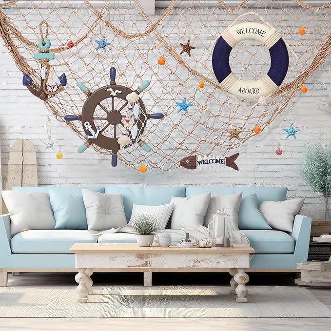 Marsui 11 Pcs Wooden Nautical Wall Decor Fishing Net Decoration, Include - Image 6