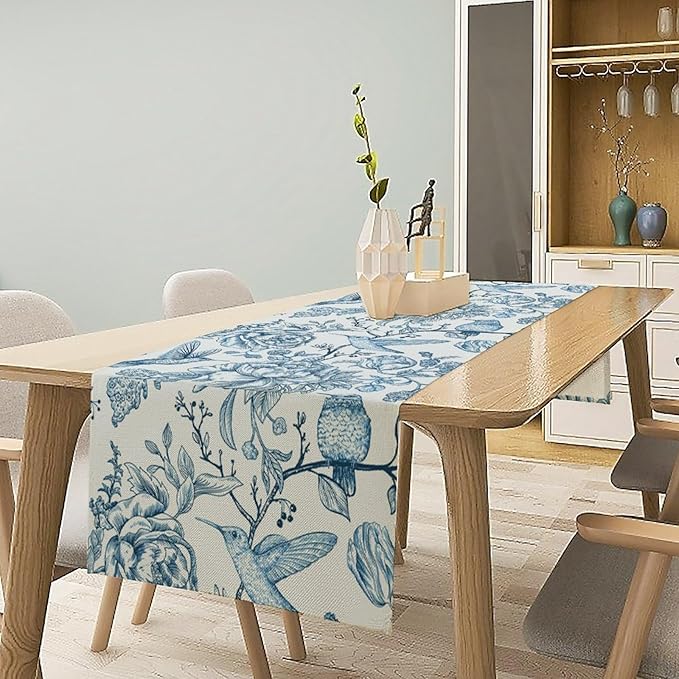 Blue White Table Runner Retro Monochrome Sketch Birds Flower Vintage Floral - Image 2