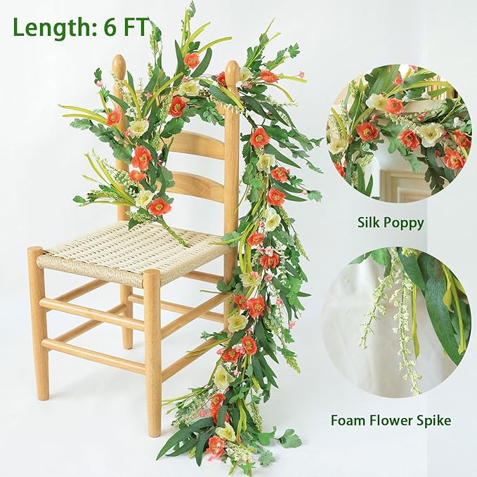 Mizii Red Artificial Flower Garland 6FT Fake Poppy Floral Garland Hanging Vines - Image 2