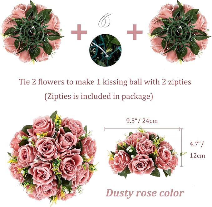 BLOSMON Dusty Pink Flowers Centerpieces: 2 Pcs Artificial Roses Flowers Balls - Image 4