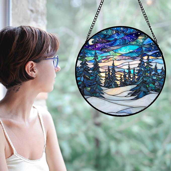 Stained Glass Window Hanging, Starry Sky Trees and Snow Sun Catchers Glass - Image 2