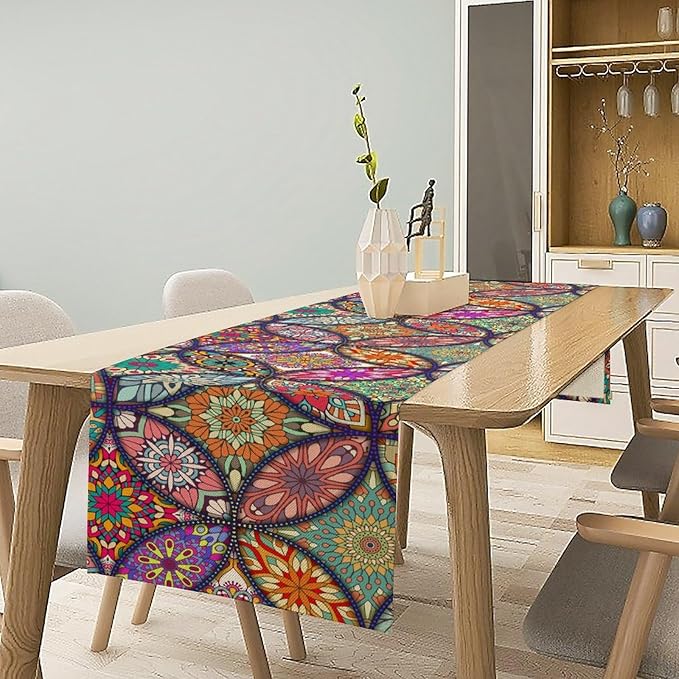 Boho Floral Table Runner, Colorful Flower Retro Bohemian Table Cloth Kitchen - Image 2