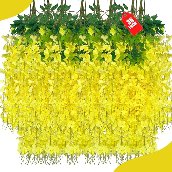 36 Pack Yellow Wisteria Hanging Flowers, 3.44 Ft Fake Hanging Flowers, by ZEBMOON