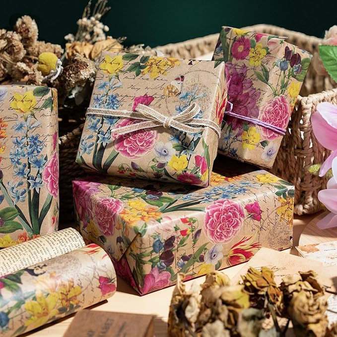 WRAPAHOLIC Kraft Floral Wrapping Paper Roll - Image 7