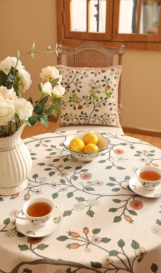 ISAENNE Designer Floral Small Round Tablecloth, French Linen Light Beige Indoor - Image 6