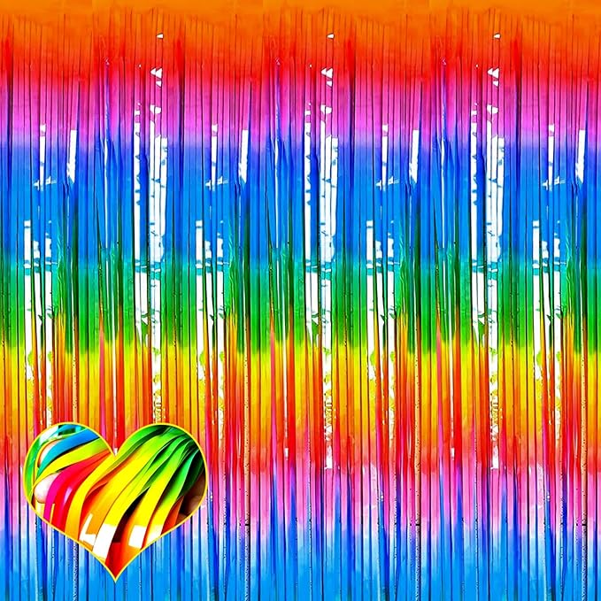4 Pack Dark Rainbow Fringe Curtain Backdrop, 3.2Ft x 6.6Ft Metallic Tinsel Foil by Mebiornt